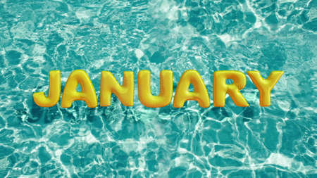 word JANUARY shaped inflatable swim ring floating in a refreshing blue swimming pool 3d renderingの写真素材
