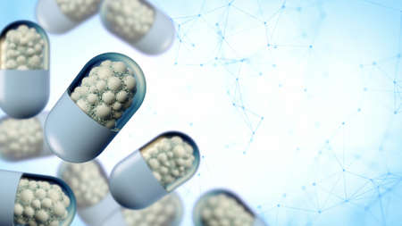 Colorful abstract chaotic structure balls inside the capsule, pharmacy and medical concept on plexus background 3d renderingの写真素材