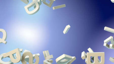 a lot of letters falling from the sky. Education and culture concept. Blue background 3d renderingの写真素材