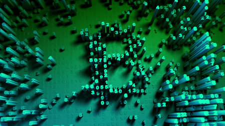 Abstract numbers Random motion in the form of coins bitcoin Multicolor 3d