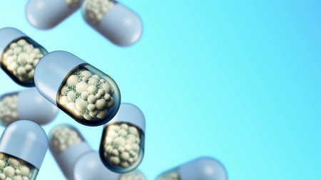 Colorful abstract chaotic structure balls inside the capsule, pharmacy and medical concept on blue...