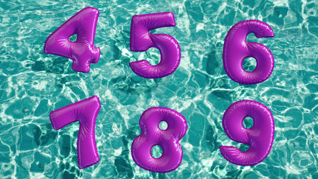 alphabet made of shaped inflatable swim ring floating in a refreshing blue swimming pool. 3d...
