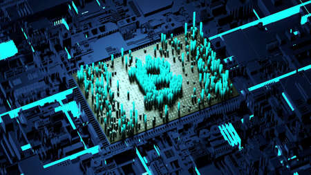 Abstract numbers Random motion in the form of coins bitcoin 3dの写真素材