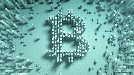 Abstract numbers Random motion in the form of coins bitcoin, 3d