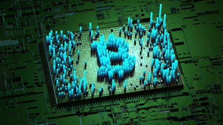 Abstract numbers Random motion in the form of coins bitcoin, Green background