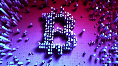 Abstract numbers Random motion in the form of coins bitcoin Multicolor 3d