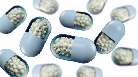 Colorful abstract chaotic structure balls inside the capsule, pharmacy and medical concept isolated on white background 3d renderingの写真素材