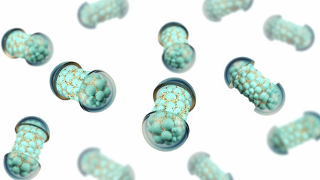 Colorful abstract chaotic structure balls inside the capsule, pharmacy and medical concept isolated on white background 3dの写真素材