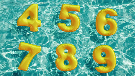 alphabet made of shaped inflatable swim ring floating in a refreshing blue swimming pool. 3d...