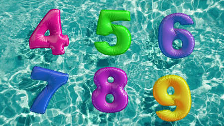 alphabet made of shaped inflatable swim ring floating in a refreshing blue swimming pool. 3d renderingの写真素材