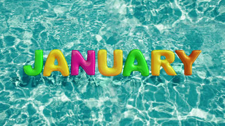 word JANUARY shaped inflatable swim ring floating in a refreshing blue swimming pool 3d renderingの写真素材