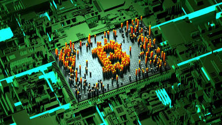 Abstract numbers Random motion in the form of coins bitcoin, Green background 3d renderingの写真素材