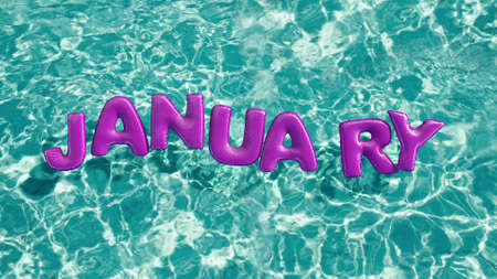 word JANUARY shaped inflatable swim ring floating in a refreshing blue swimming pool 3d renderingの写真素材
