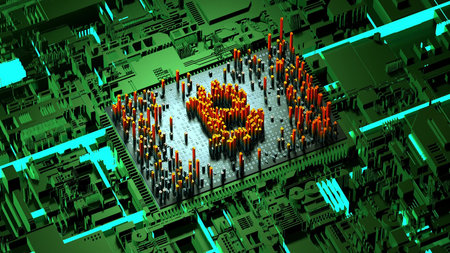 Abstract numbers Random motion in the form of coins bitcoin, Green background 3d rendering