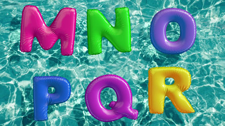 alphabet made of shaped inflatable swim ring floating in a refreshing blue swimming pool. 3d...