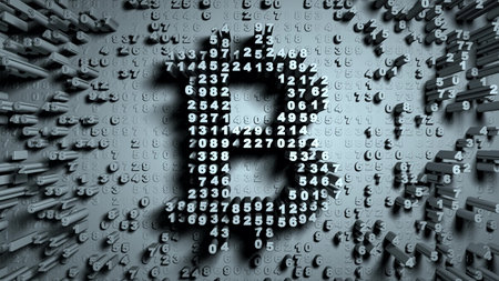 Abstract numbers Random motion in the form of coins bitcoin, gray color 3d rendering