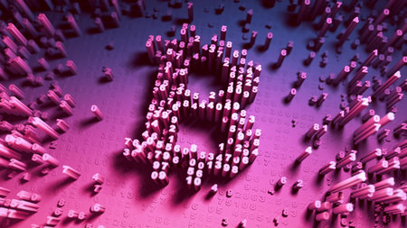 Abstract numbers Random motion in the form of coins bitcoin Multicolor 3d rendering