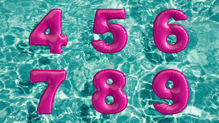 alphabet made of shaped inflatable swim ring floating in a refreshing blue swimming pool. 3d...