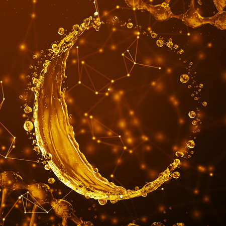 3D detailed illustration of a drop of water gold color. Yellow backgroundの写真素材