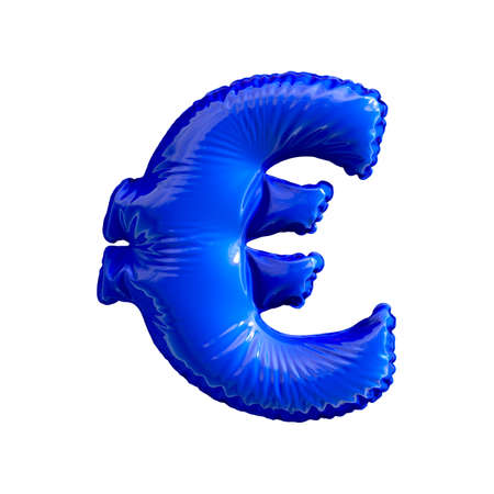 Blue symbol euro made of inflatable balloon isolated on white background. 3d renderingの写真素材