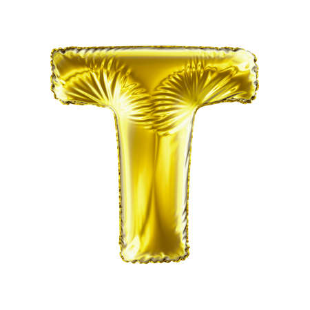 Golden letter T made of inflatable balloon isolated on white background. 3d renderingの写真素材