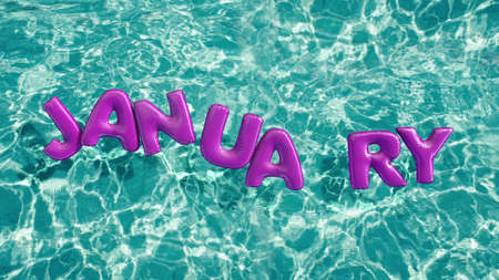 word JANUARY shaped inflatable swim ring floating in a refreshing blue swimming pool 3d renderingの写真素材