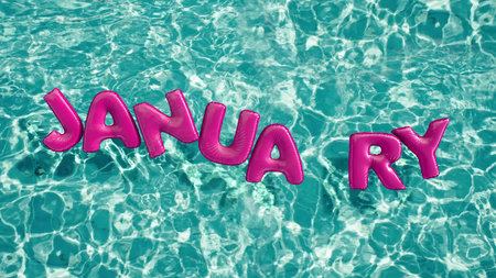 word JANUARY shaped inflatable swim ring floating in a refreshing blue swimming pool 3d rendering