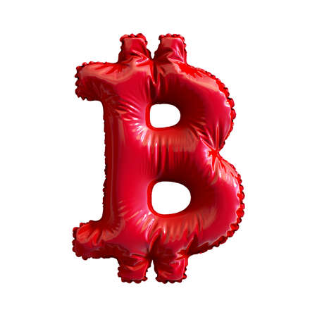 Red symbol bitcoin made of inflatable balloon isolated on white background. 3d renderingの写真素材