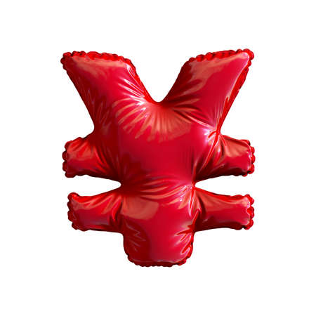 Red symbol yen made of inflatable balloon isolated on white background. 3d renderingの写真素材