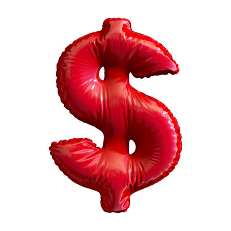 Red symbol dollar made of inflatable balloon isolated on white background. 3d renderingの写真素材