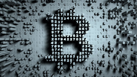 Abstract numbers Random motion in the form of coins bitcoin, gray color 3d rendering