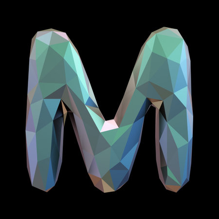 Capital latin letter M in low poly style isolated on black background. 3d rendering