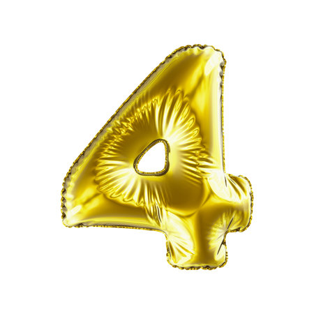 Number 4 four made of gold balloon isolated on a white background. 3d rendering
