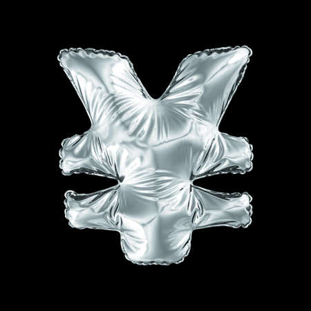 Silver symbol Japanese yen made of inflatable balloon isolated on black background. 3d renderingの写真素材