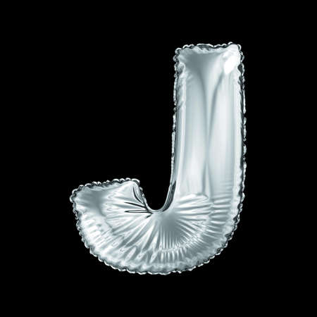 Silver letter J made of inflatable balloon isolated on black background. 3d renderingの写真素材