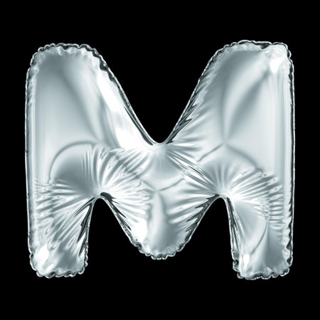 Silver letter M made of inflatable balloon isolated on black background. 3d renderingの写真素材