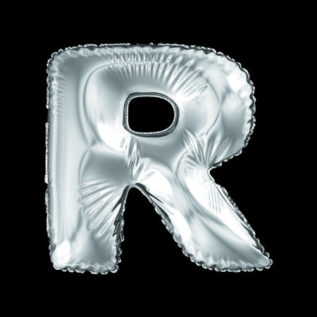 Silver letter R made of inflatable balloon isolated on black background. 3d renderingの写真素材