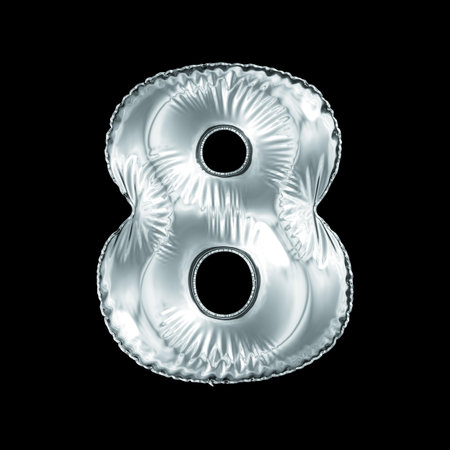 Number 8 eight made of silver balloon isolated on a black background. 3d rendering