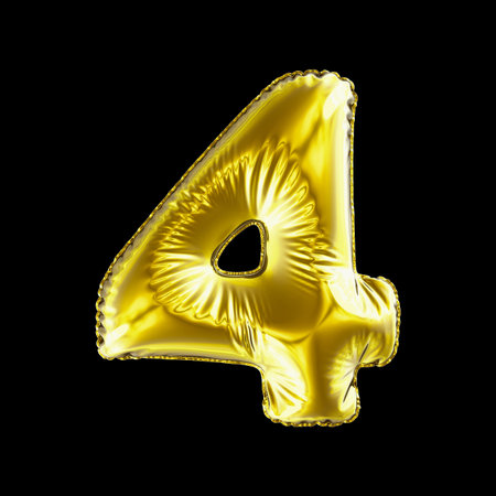 Number 4 four made of gold balloon isolated on a black background. 3d renderingの写真素材
