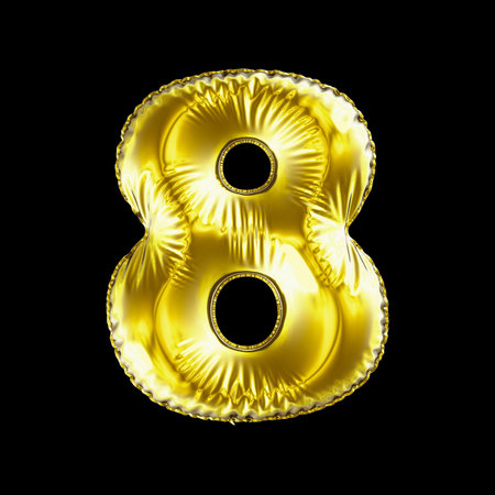 Number8 eight made of gold balloon isolated on a black background. 3d renderingの写真素材