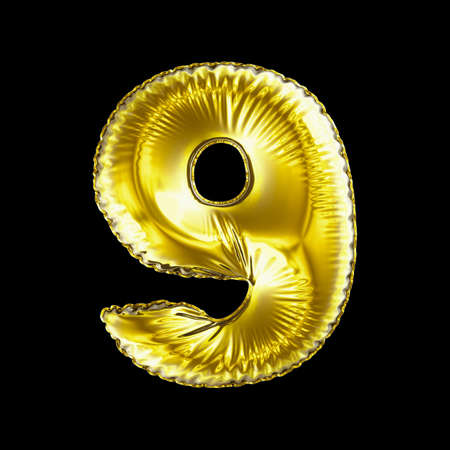 Number 9 nine made of gold balloon isolated on a black background. 3d renderingの写真素材