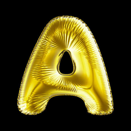 Golden letter A made of inflatable balloon isolated on black background. 3d renderingの写真素材
