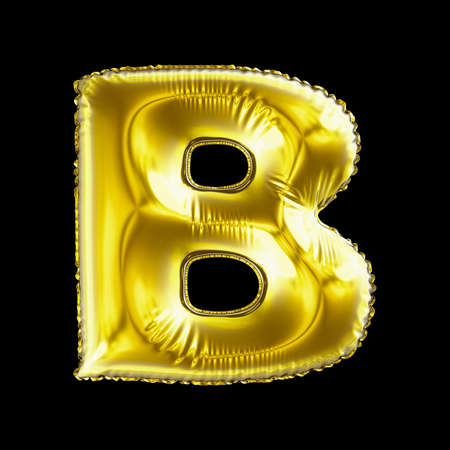 Golden letter B made of inflatable balloon isolated on black background. 3d renderingの写真素材
