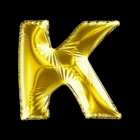 Golden letter K made of inflatable balloon isolated on black background. 3d renderingの写真素材