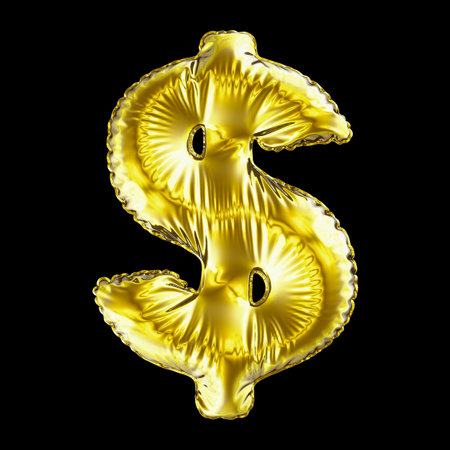 Golden symbol dollar made of inflatable balloon isolated on black background. 3d rendering