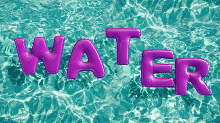 word WATER shaped inflatable swim ring floating in a refreshing blue swimming pool, 3d renderingの写真素材