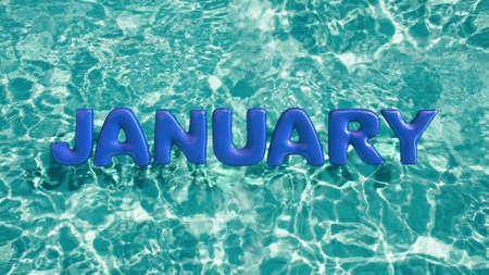 word JANUARY shaped inflatable swim ring floating in a refreshing blue swimming pool 3d renderingの写真素材