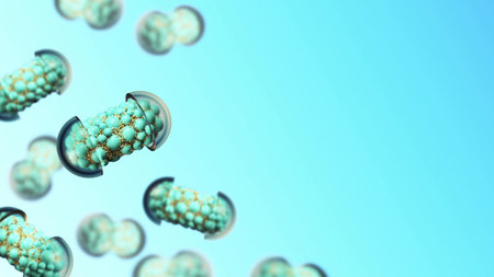 Colorful abstract chaotic structure balls inside the capsule, pharmacy and medical concept on blue...