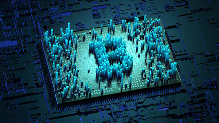 Abstract numbers Random motion in the form of coins bitcoin, blue color 3d rendering