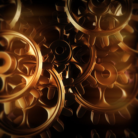 Gold gears and cogs macro. 3D renderingの写真素材